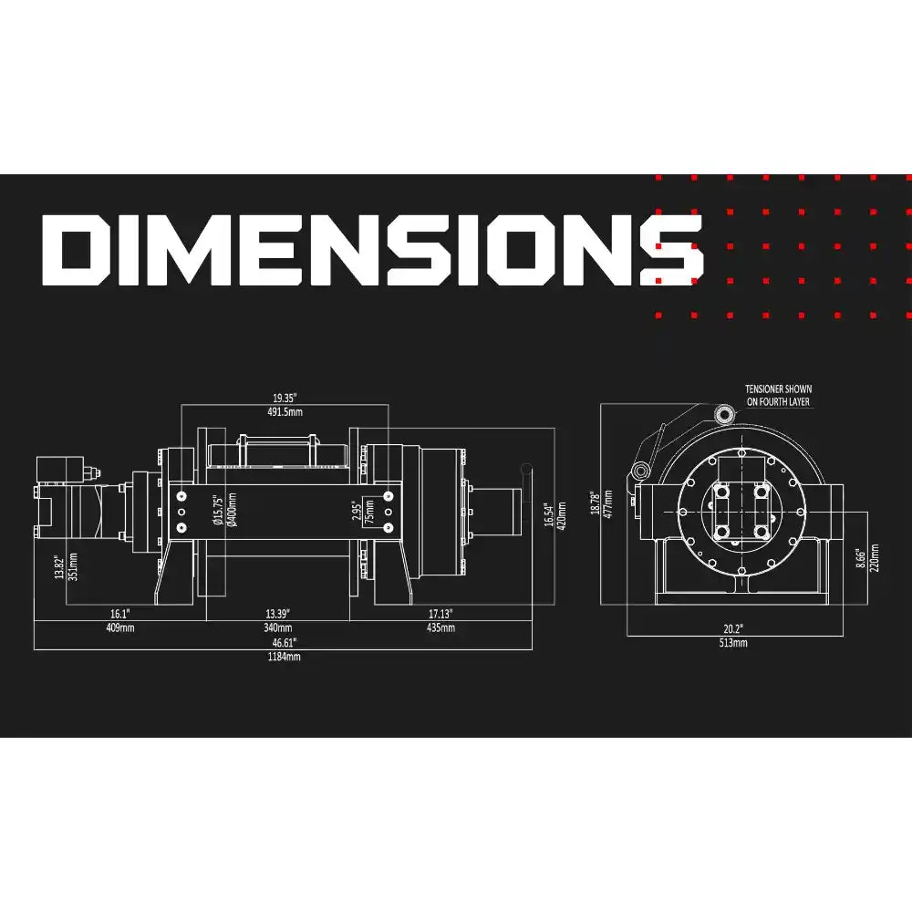Warrior 44,000 lb winch Technical drawing with dimensions on a black background