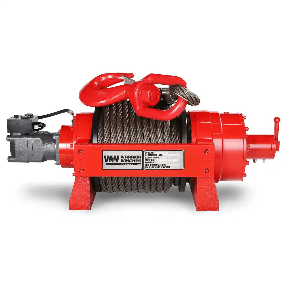 Warrior 44,000lb winch with steel rope on a white background