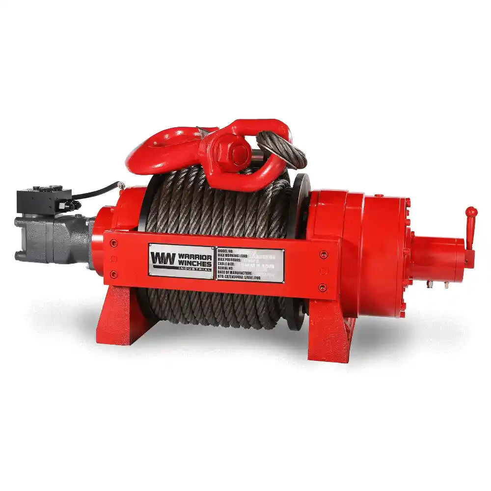 Angled view of the JR20 (20 ton) Industrial hydraulic winch with steel rope on white background