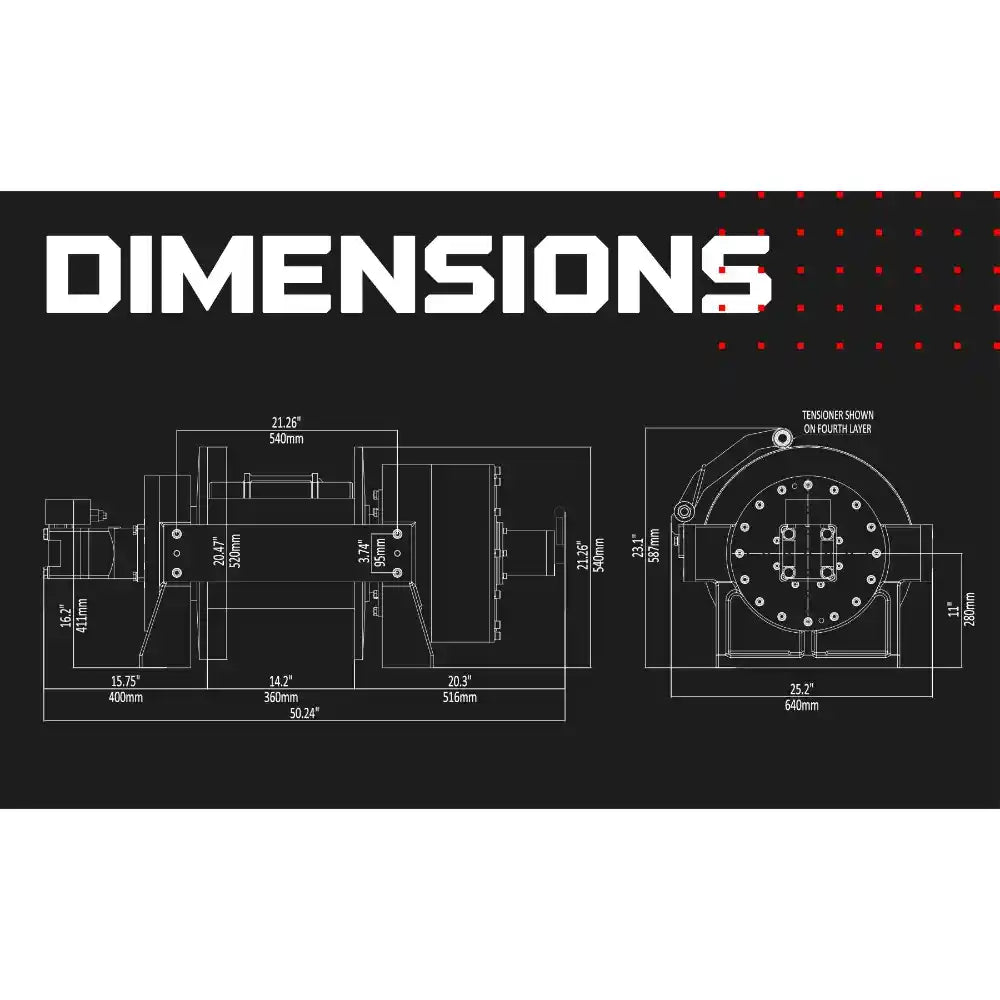 Technical drawings of Warrior 66,000lb with dimensions on a black background