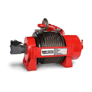 Red Warrior JR30 66,000lb winch with cable on a white background