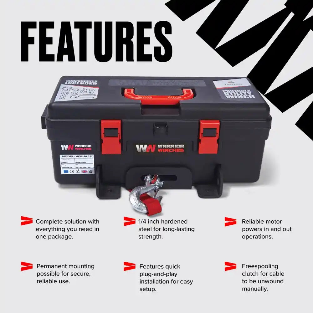 Warrior portable winch with features listed on a white background