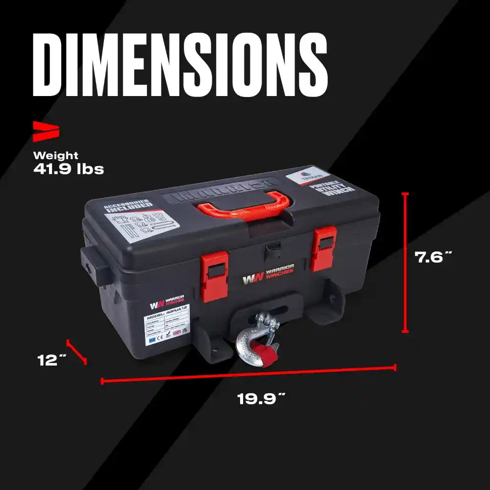 Trojan 4000lb Utility Winch with dimensions and weight displayed on a black background