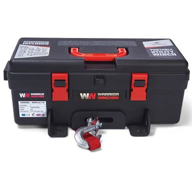 Warrior Winches portable winch with black and red case on a white background