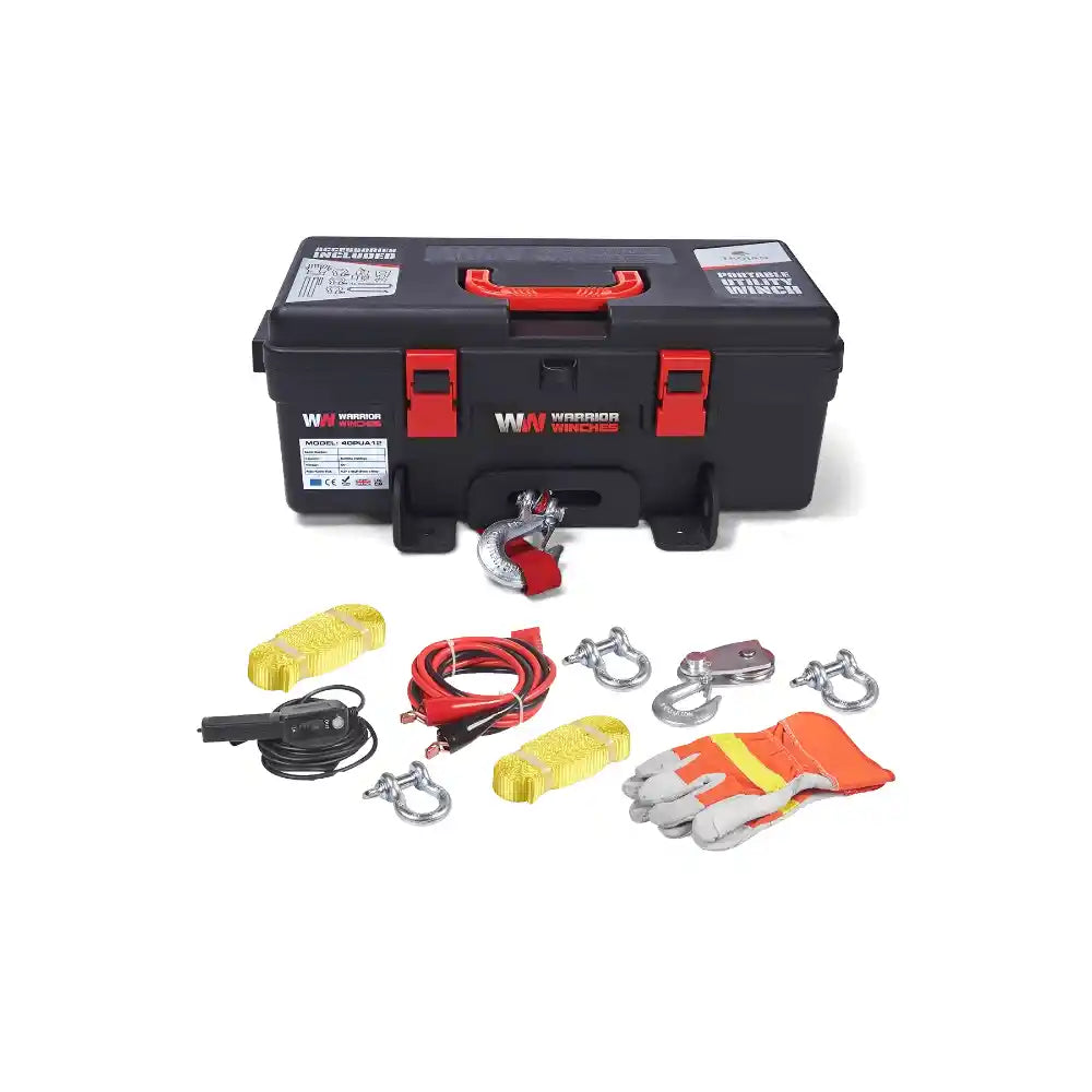 Trojan 4,000lb Portable Winch kit with toolbox on a white background