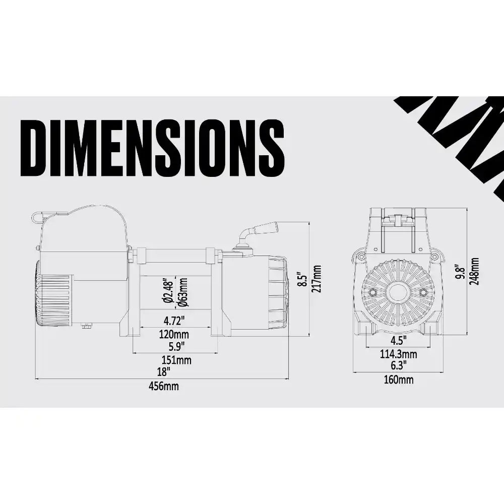 Technical drawing of a 9500LB winch with dimensions labeled on a white background
