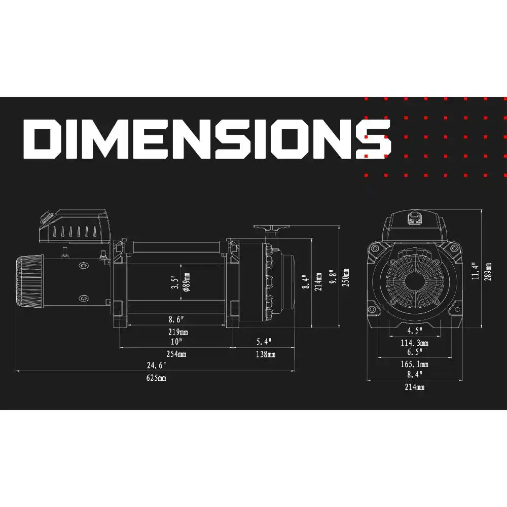 Dimensions diagram of a Warrior Winch on a black background with 'DIMENSIONS' text.
