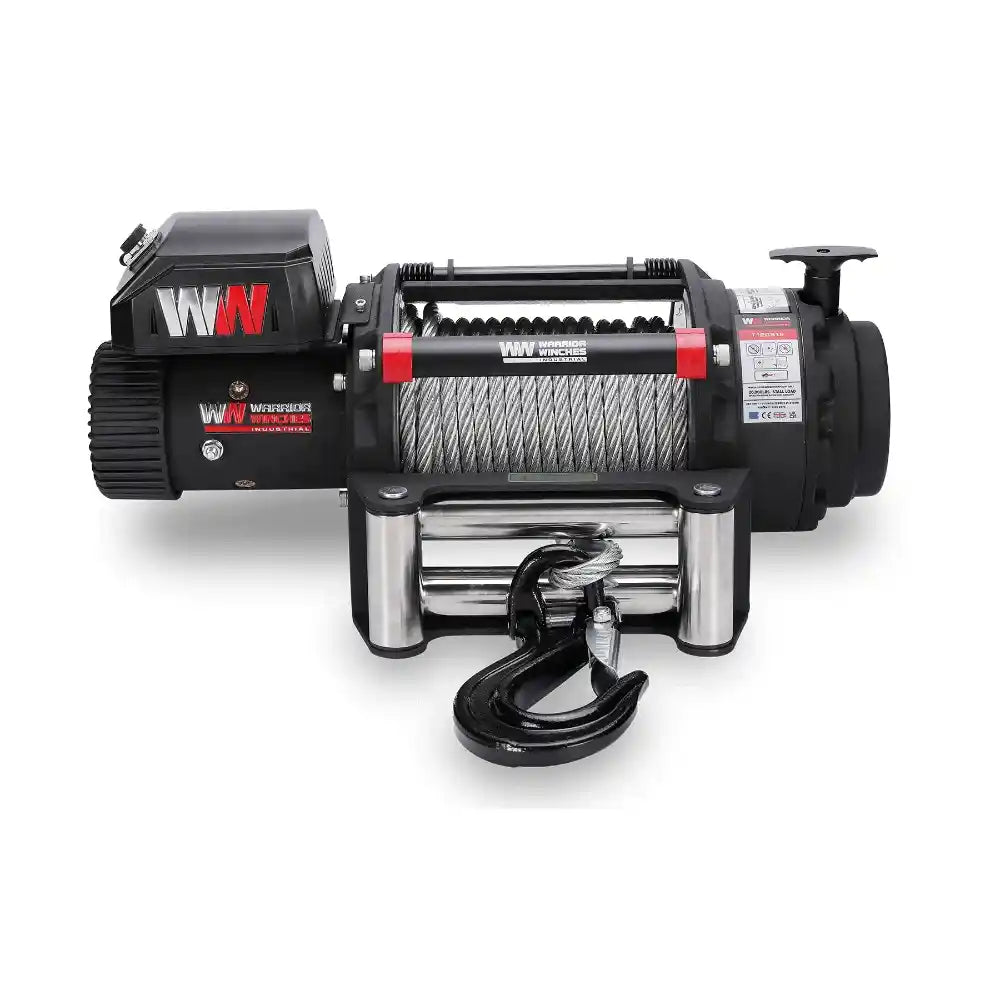 Warrior Winch 20000 lb with cable and hook on a white background