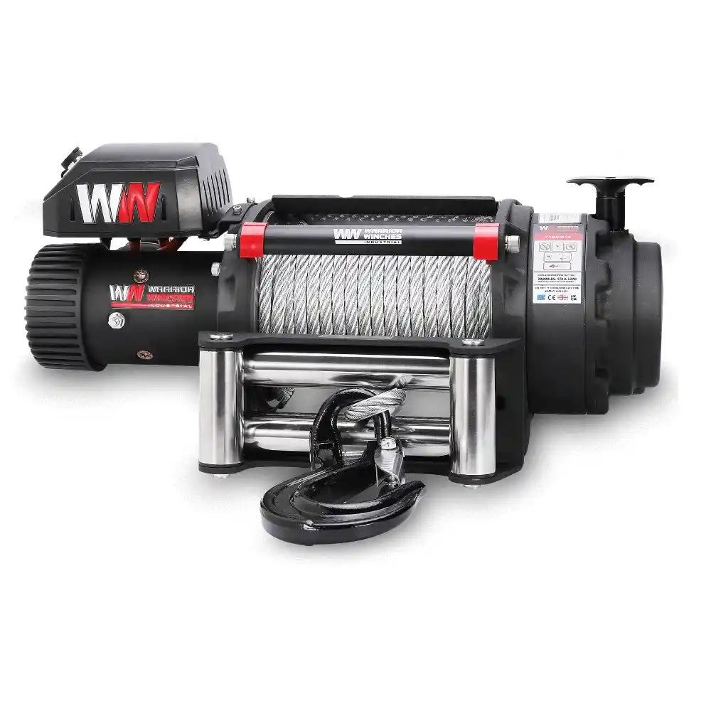 Severe Duty Electric Winch with cable and control unit on a white background