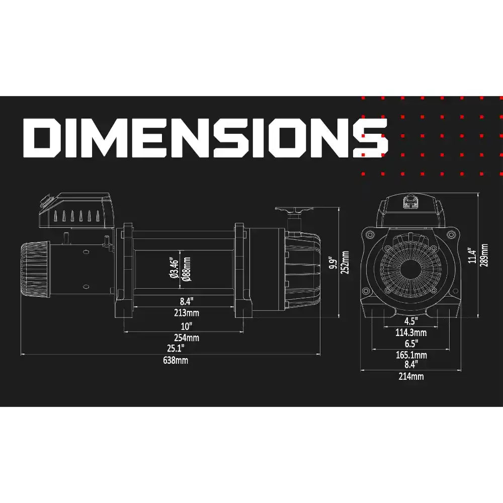 Technical drawing of a Warrior T1000 Winch with dimensions labeled on a black background