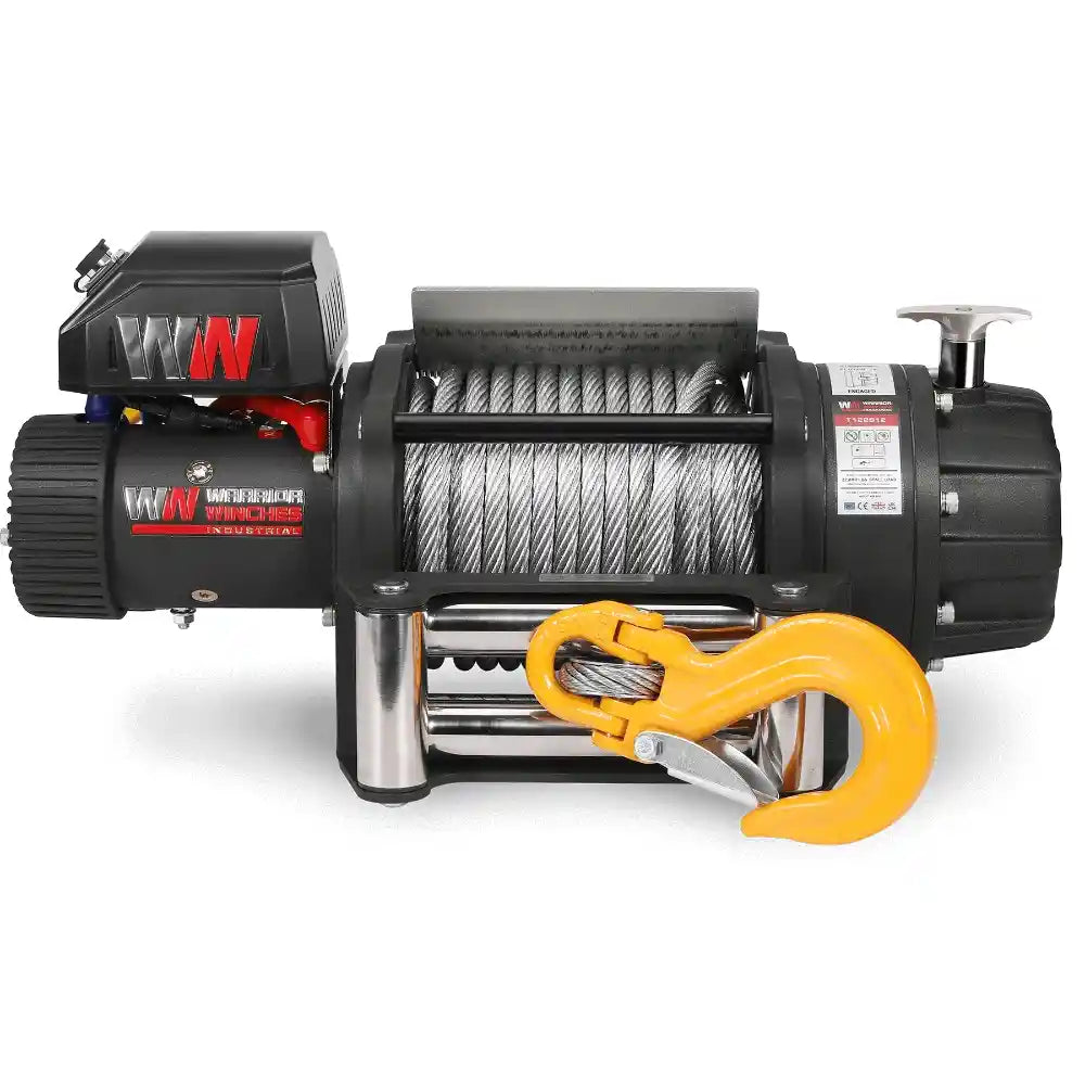 Warrior T1000 Electric Winch with yellow hook on a white background