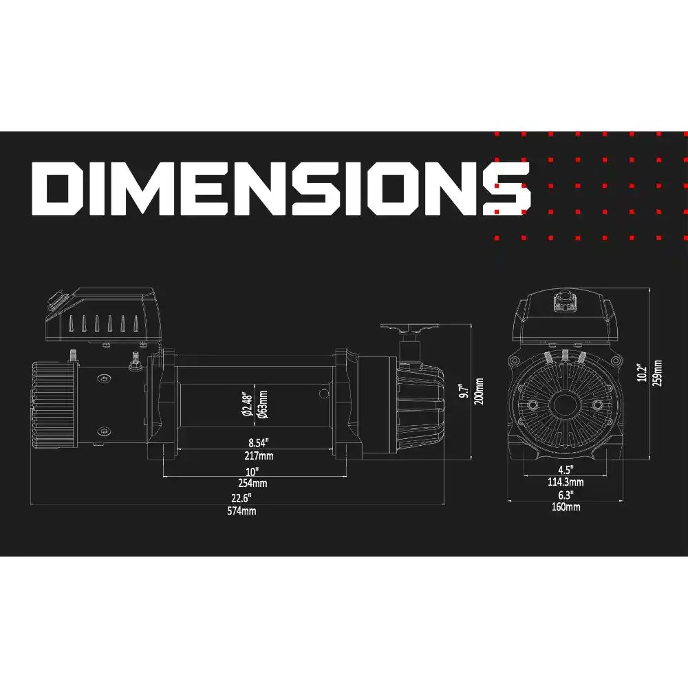 Technical drawing of a T1000 winch with dimensions labeled on a black background