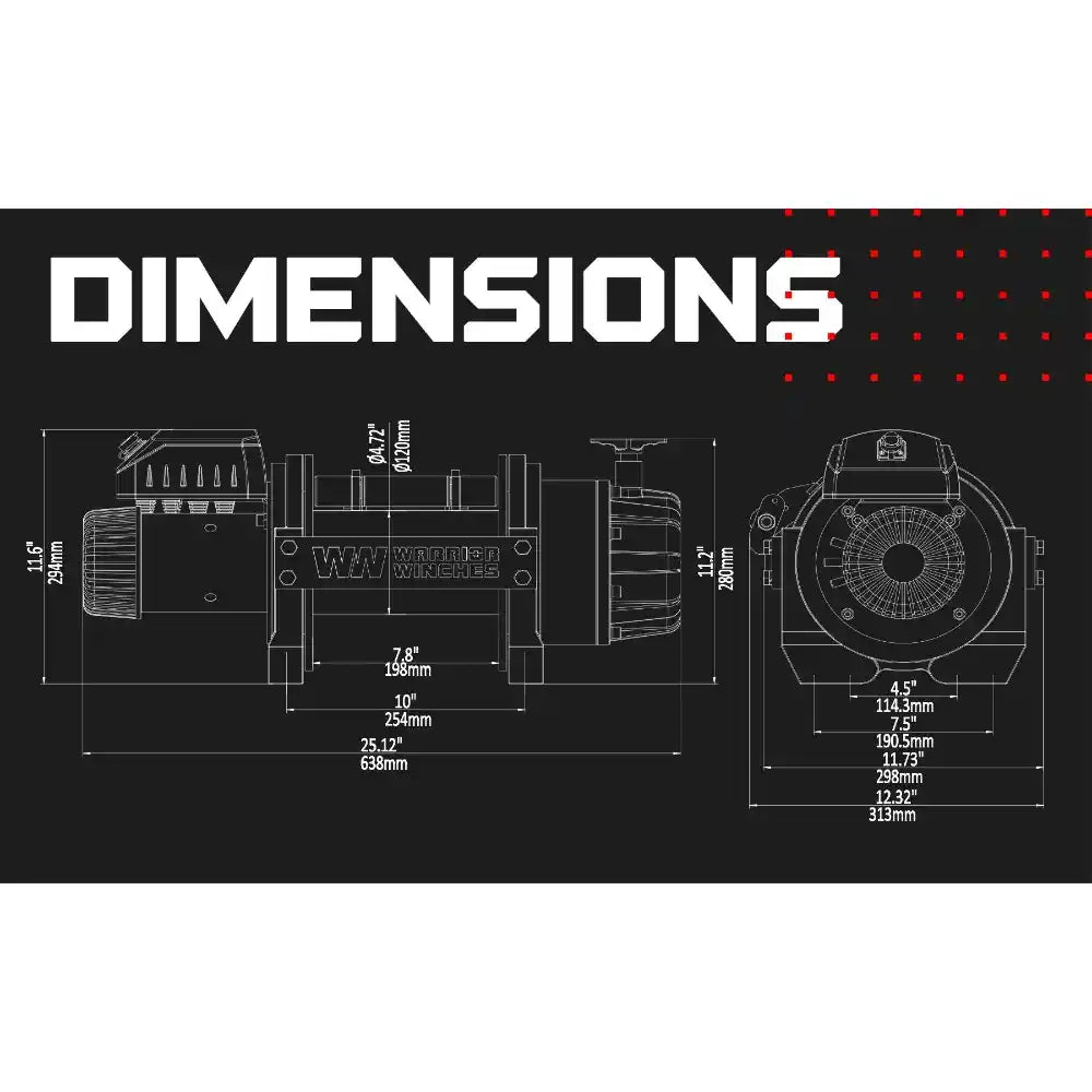 Technical drawing of an 12V electric winch with dimensions labeled on a black background