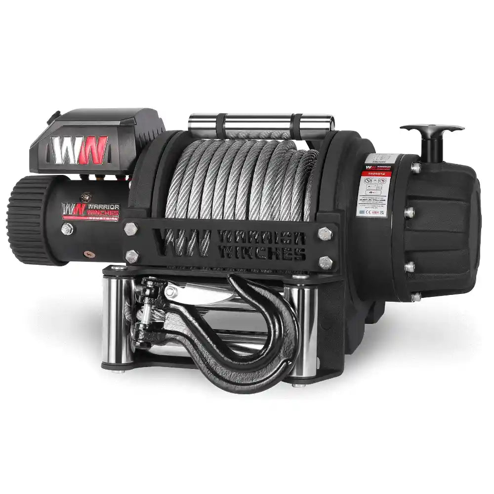 Angled view of the 25,000lb Winch with cable on a white background