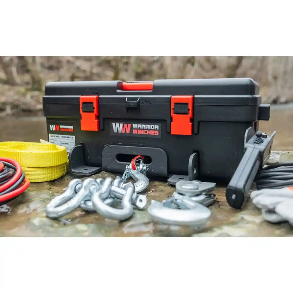 Warrior Winches toolbox with accessories on a wooden surface