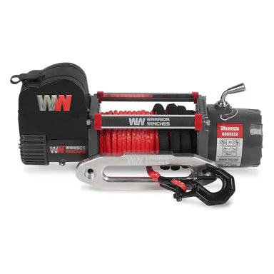 Warrior 8000lb winch with red synthetic cable on a black background