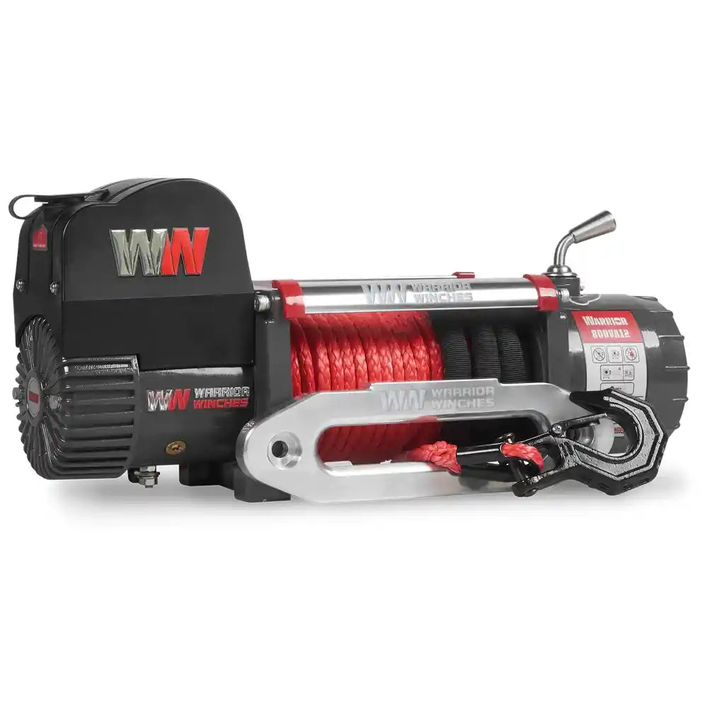 Warrior Winch 8000lb with red cable on a black background