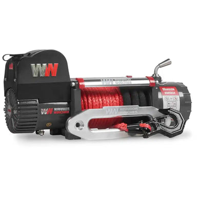 Warrior Winch 8000lb with red cable on a black background