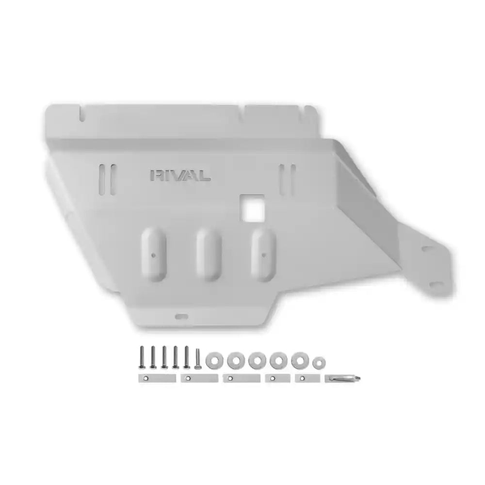 White RIVAL transfer case skid plate viewed from angle