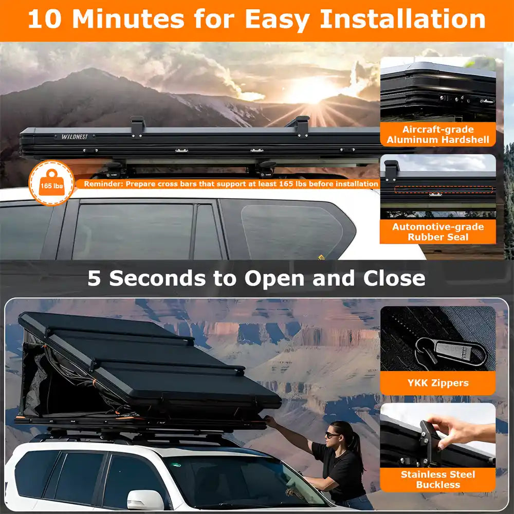 Wildnest Pioneer HD Rooftop Tent Hard Shell with USB Outlet, Winter Thermal Liner, Summer Side Awning and Luggage Racks