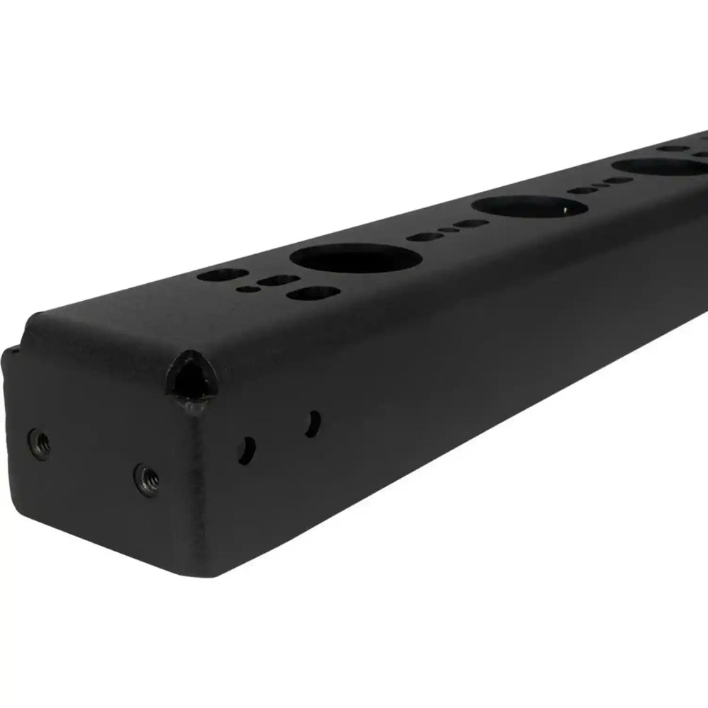 Black metal bracket with multiple holes on a white background