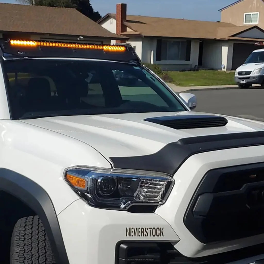 Cali Raised LED 42” Slim Light Bar mounted in the Prinsu Roof Rack cut-out using the bracket kit