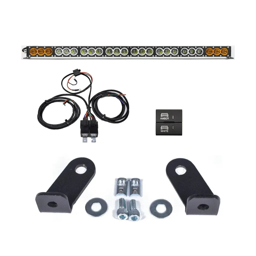 Close-up detail of the Dual Function light bar bracket and switch wiring