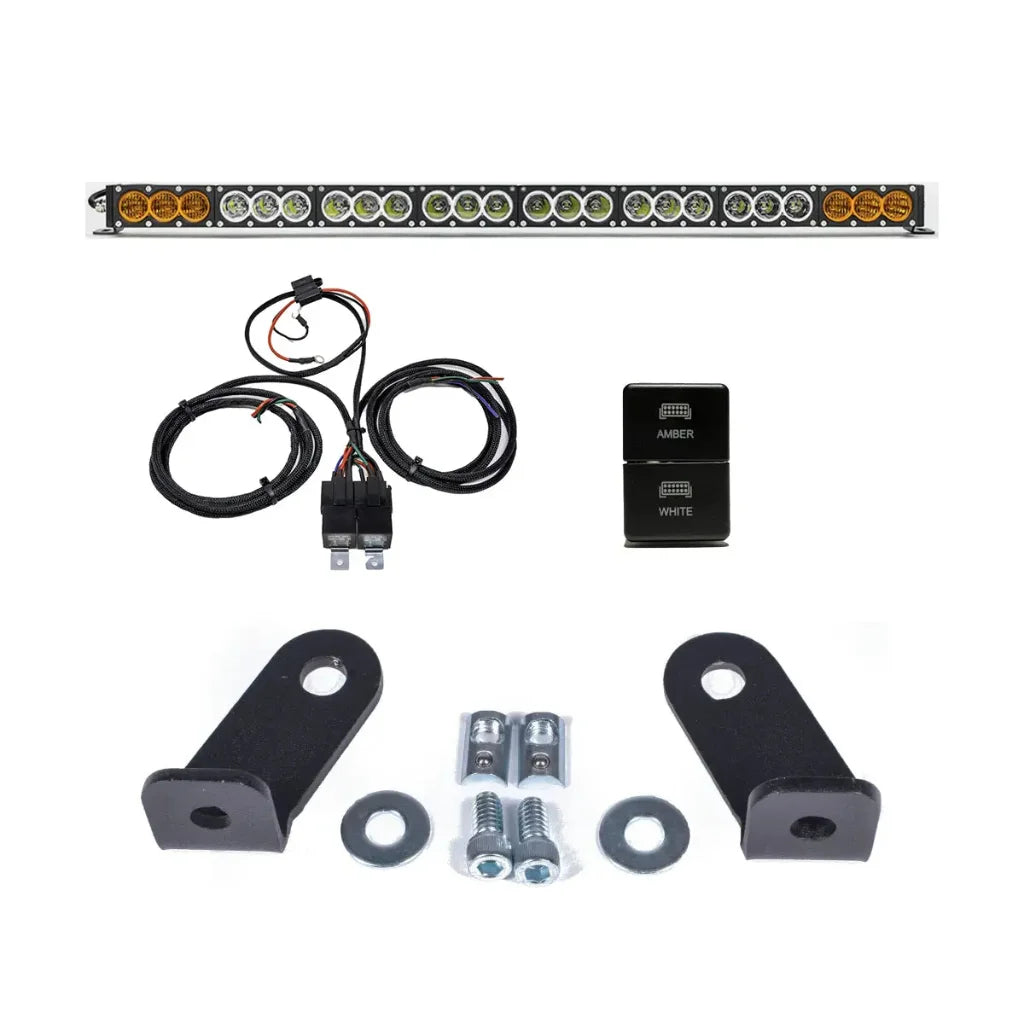 Dual Function Amber/White LED light bar installed in the Prinsu Roof Rack on a Toyota Tacoma