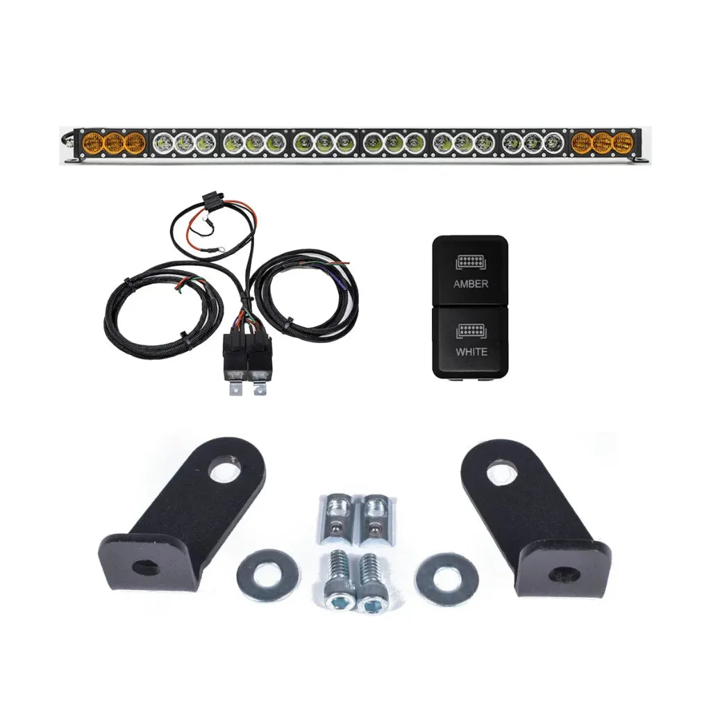 Dual Function Amber/White LED light bar and Prinsu mounting brackets, packaged kit overview