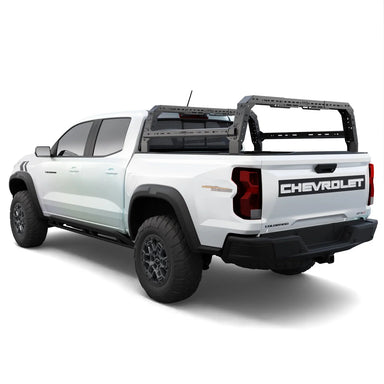 White colorado truck with a bed rack on a white background