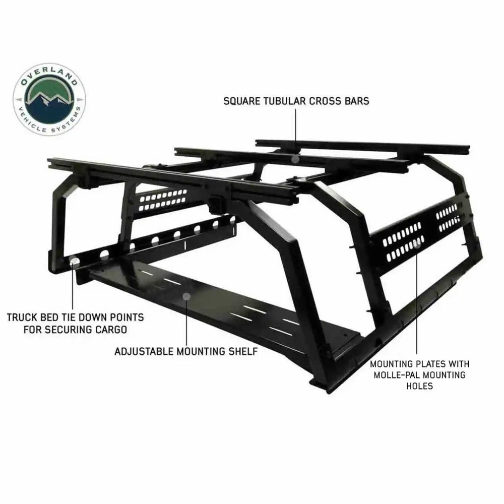 Black bed rack with labeled features on a white background
