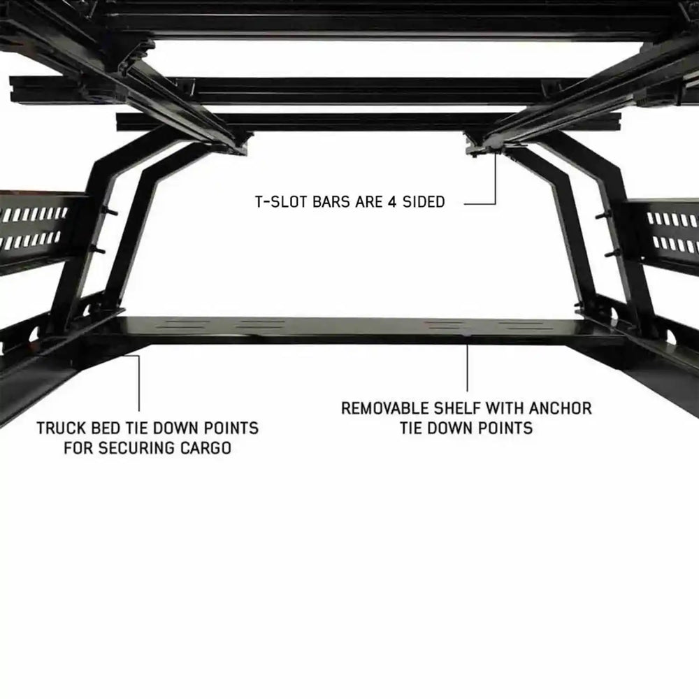 Black metal truck bed rack with labeled features on a white background