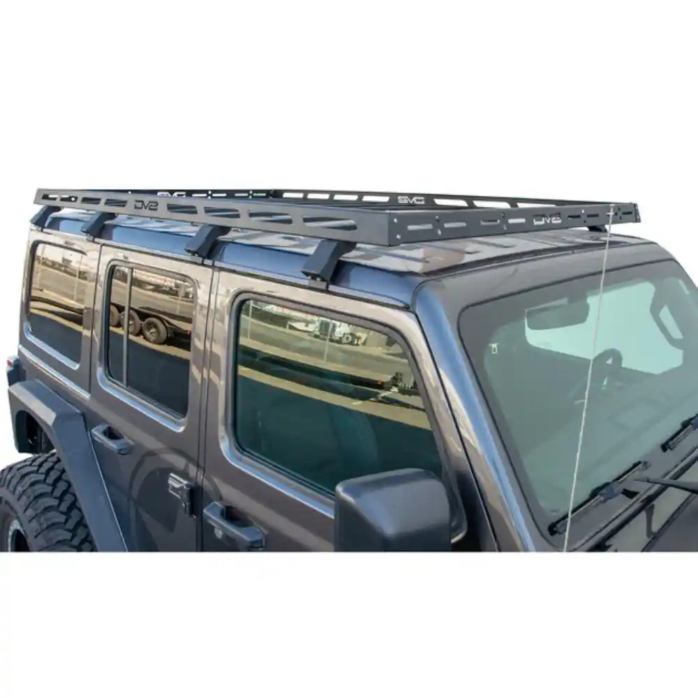 Black DV8 Offroad Roof Rack installed on a dark gray Jeep Wrangler JL 4-Door