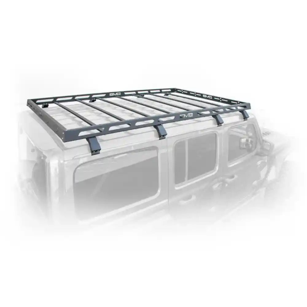 Black DV8 Offroad roof rack installed on a silver Jeep Wrangler JL 4-Door, side view