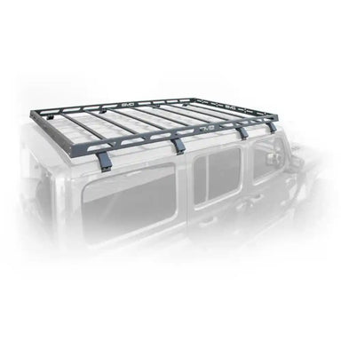 Black DV8 Offroad roof rack installed on a silver Jeep Wrangler JL 4-Door, side view