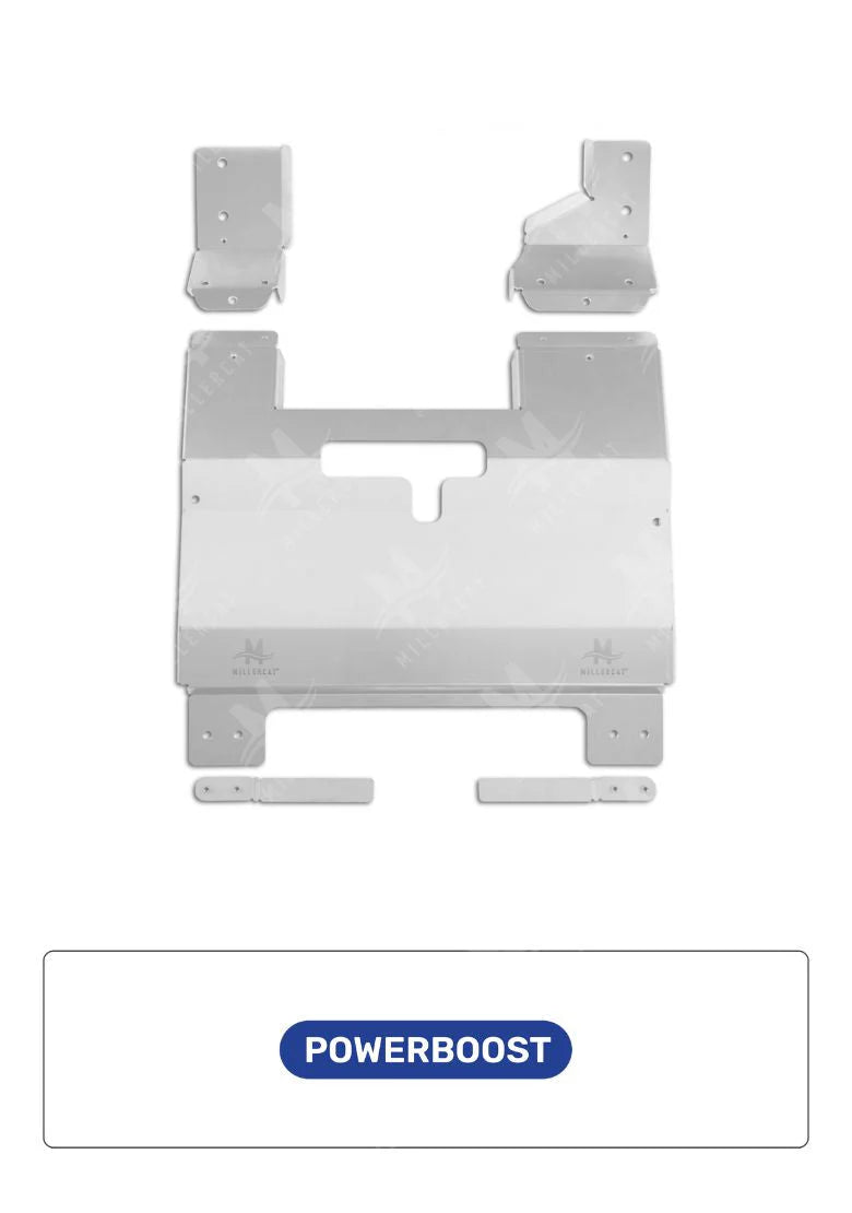 Metal CAT Shield assembly with 'Powerboost' branding on a white background