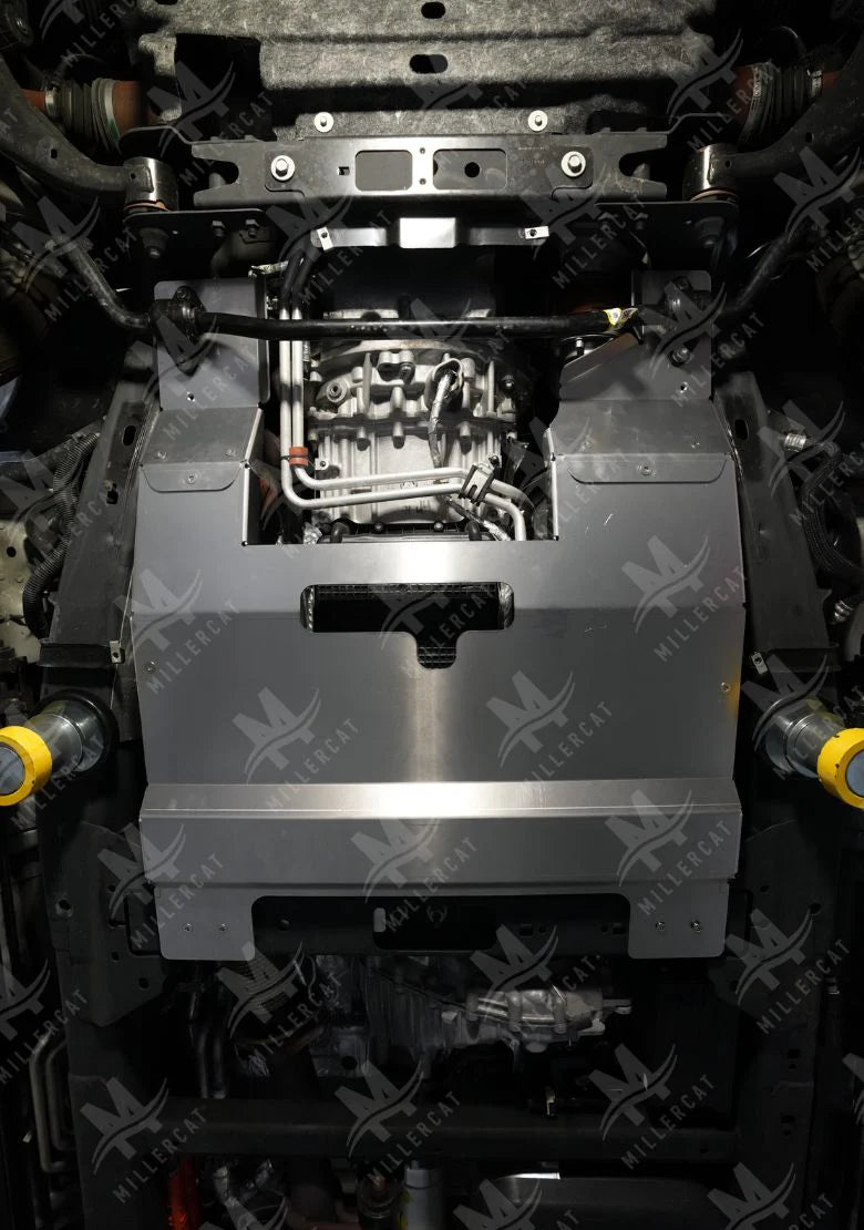 Underside view of F150 Hybrid showing MILLERCAT Cat Shield installed