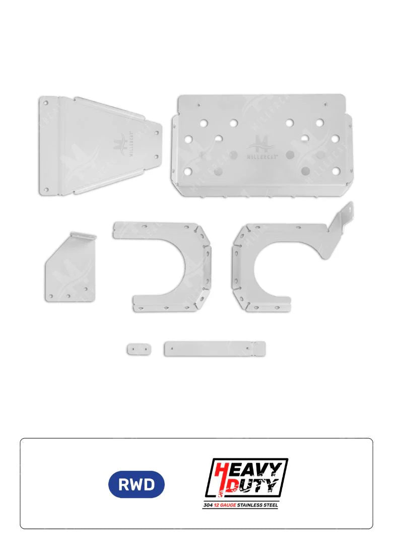 Set of MILLERCAT CAT Shield brackets and plates with 'RWD' and 'Heavy Duty' branding on a white background.