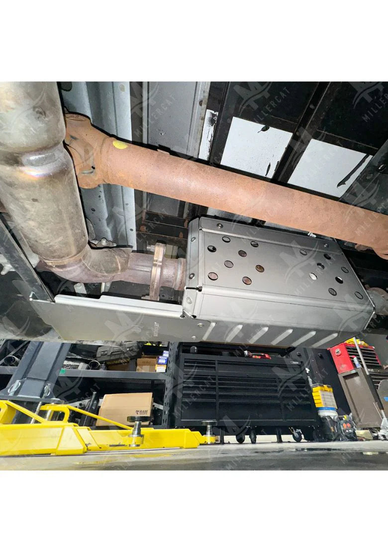 Underside view of Ford e450 showing MILLERCAT Cat Shield installed