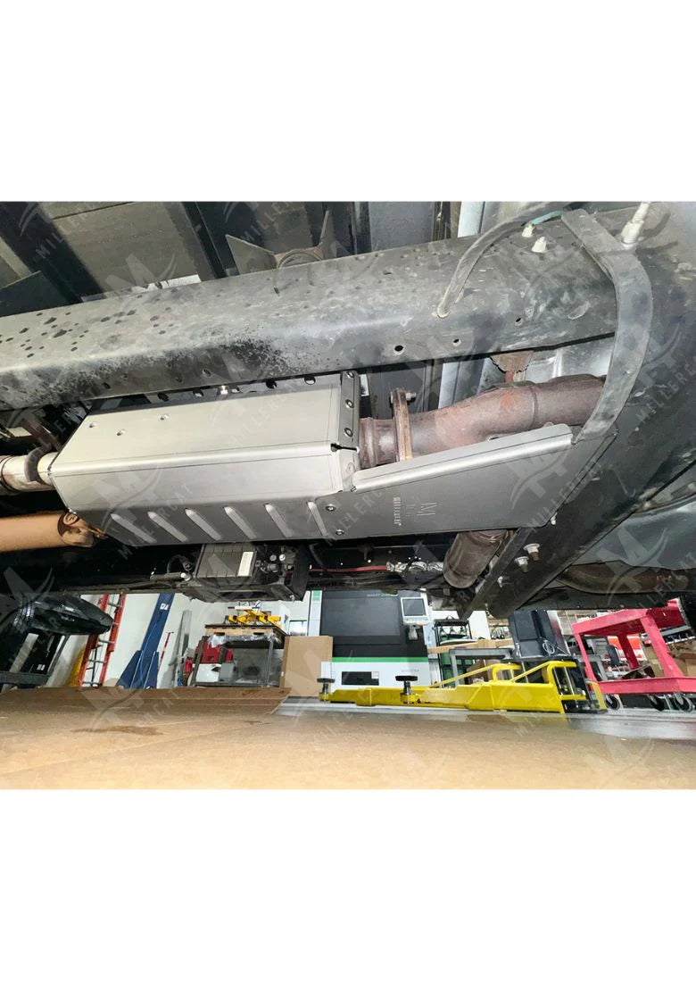 Angled view of installed MILLERCAT Cat Shield protecting catalytic converter