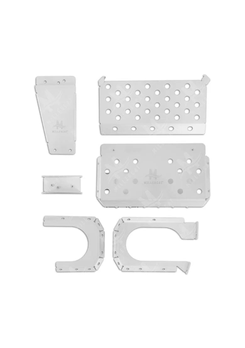 Set of white CAT Sheild brackets on a white background