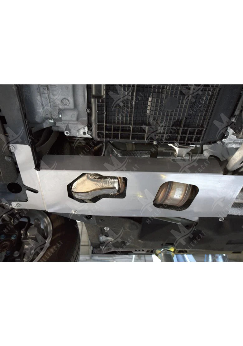 Angled view of installed MILLERCAT Cat Shield protecting catalytic converter