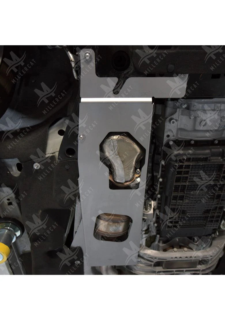 Underside view of Ford Explorer showing MILLERCAT Cat Shield installed