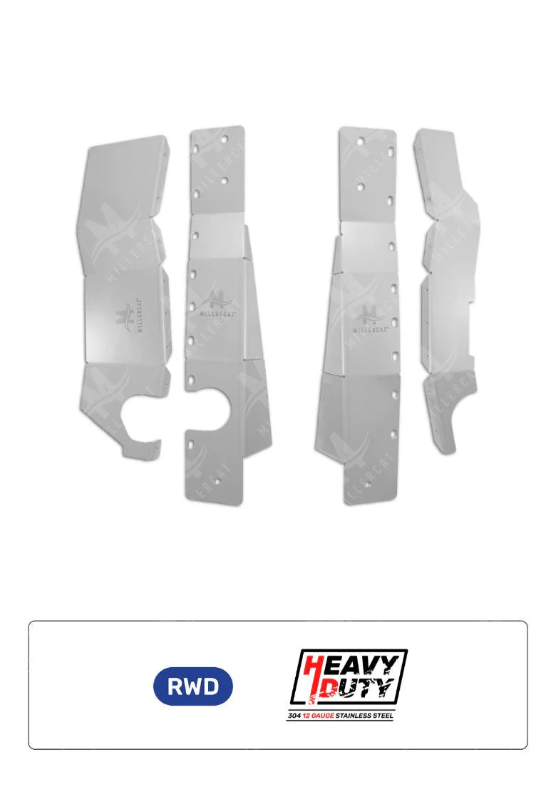 Set of CAT Shield vehicle underbody guards with 'Heavy Duty' and 'RWD' branding on a white background.