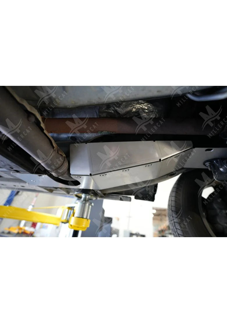 Underside side view of f150 showing MILLERCAT Cat Shield installed