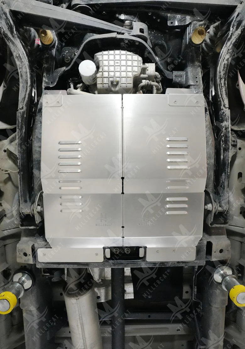 Underside view of F350 showing MILLERCAT Cat Shield installed