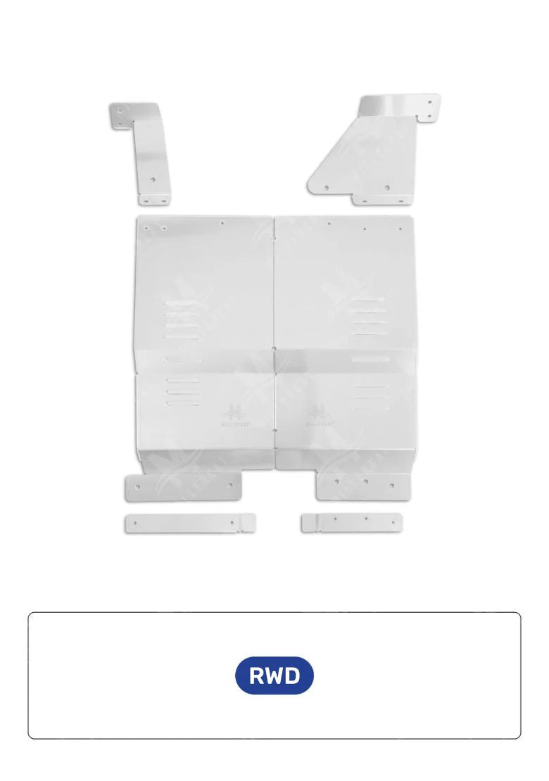 Metal CAT Shield component with 'RWD' logo on a white background