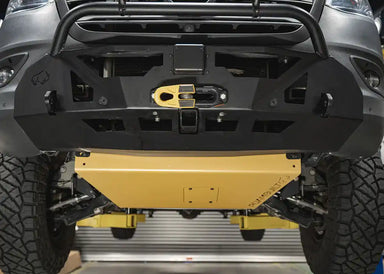 front view of mounted gold skid plate
