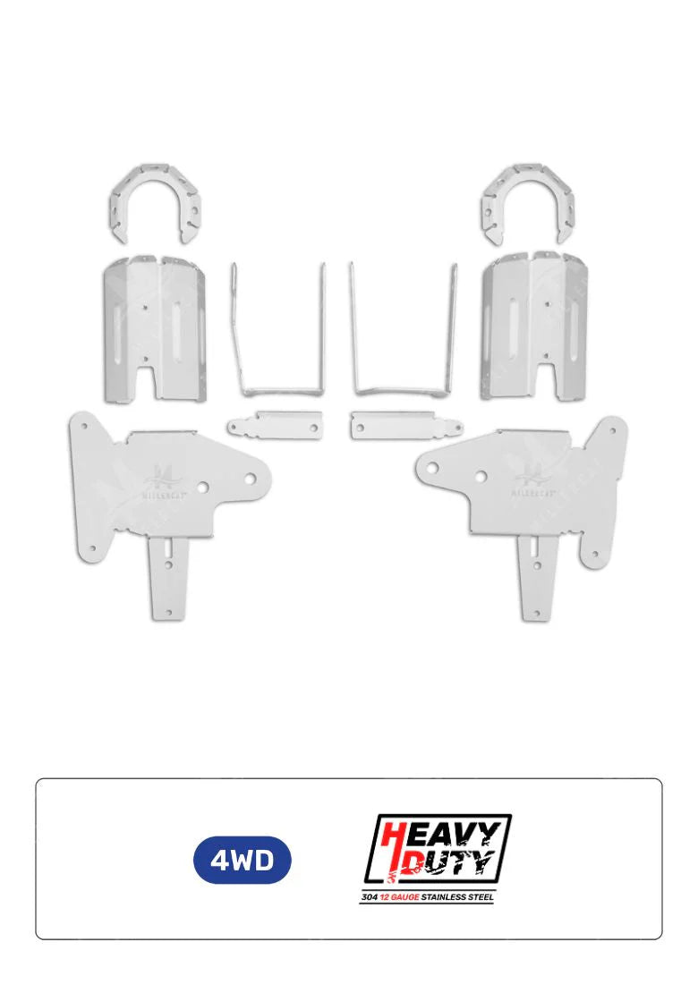 Set of white CAT  brackets and components with 'Heavy Duty' branding on a white background
