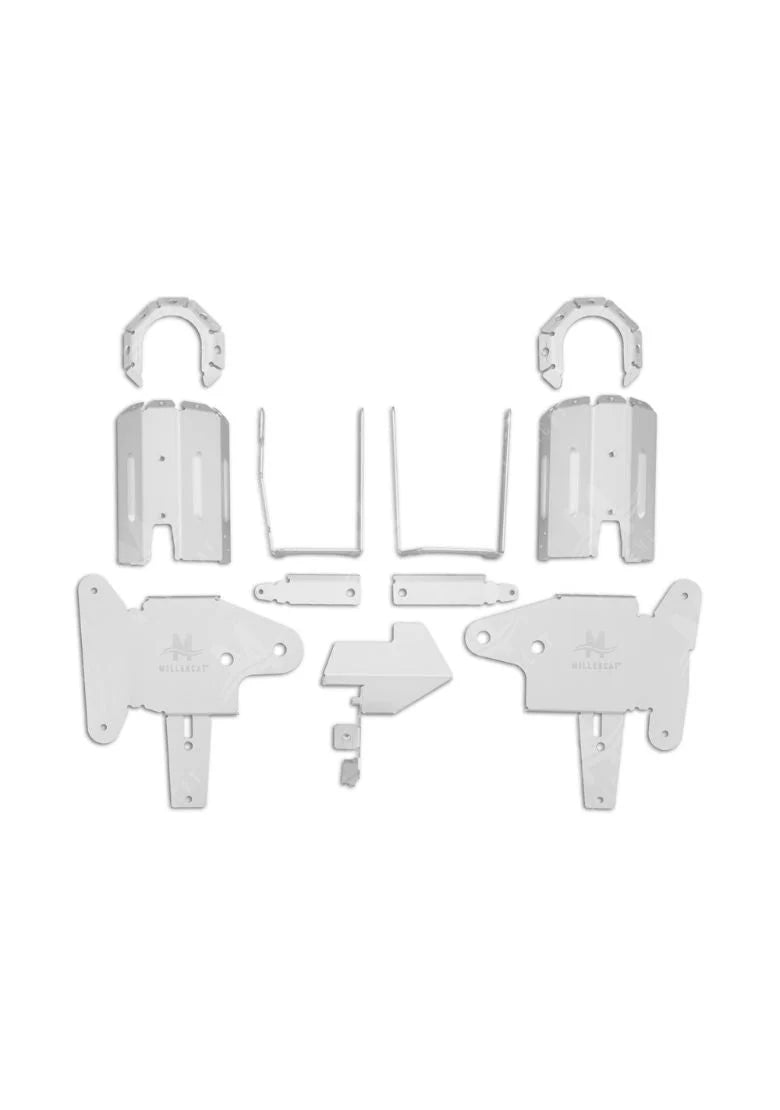Set of white CAT brackets and fasteners on a white background